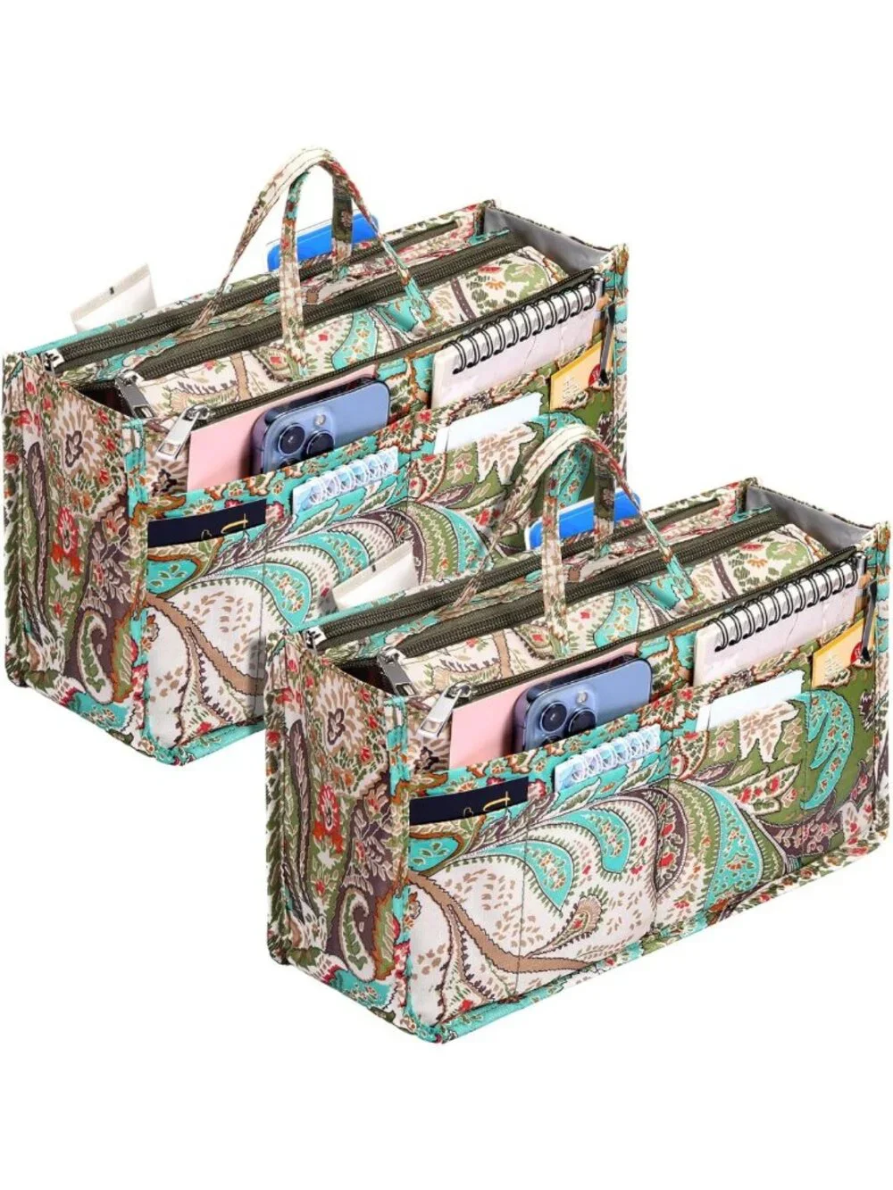 2 Pcs Peacock Flower Handbag Organizers - 13 Pocket Tote Insert for Women